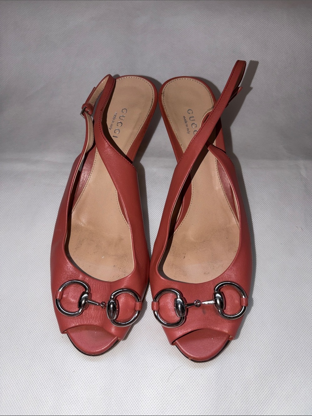 Gucci Coral Slingback Peep-Toe Flats with Silver Horsebit